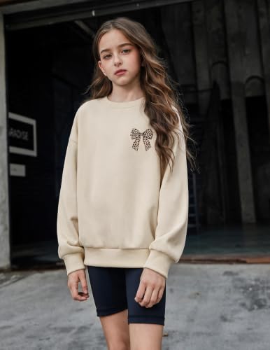 Arshiner Girls Oversized Crewneck Sweatshirt Kids Fashion Fleece Pullover Sweater Cream Bow Crewneck Sweatshirt Size 9-10 Years — view 4