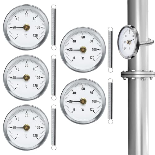 5 Pezzi Termometro da Contatto per Tubi di Riscaldamento, Termometro per Tubi, Indicatore di Temperatura con Molla a Clip, con Molla Attaccabile 63mm, Termometro a Lancetta per Tubi Acqua Calda 0-120℃