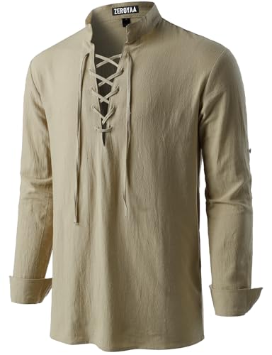 ZEROYAA Mens Medieval Vintage Long Sleeve Lace Up Shirt Renaissance Costume for Halloween Viking Pirate Cosplay ZHCL60-Beige Medium