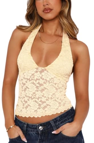 Sukiglam Débardeur Femme Ete Crop Top Chic Et Élégant Haut Dentelle Sexy sans Manches Haut à col Halter Y2k Camisole Doux Slim Fit Caraco Tops Dos Nu Chemisier Court en Dentelle Transparente
