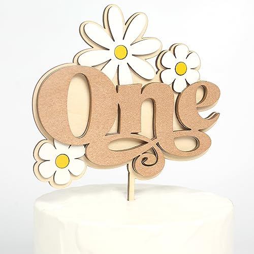 BOOMPA Wooden Daisy Cake Topper for 1st Birthday, Baby Shower - Groovy Retro Floral Design - Premium Birchwood, Unique Grain - 6x0.3 inches - 100% Safe, Residue-Free