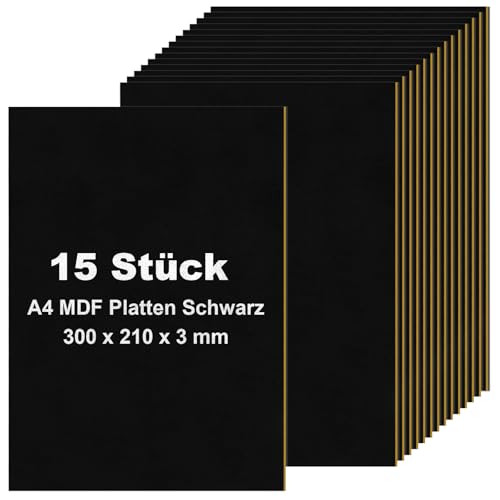 LDXDRU 15 Stück A4 MDF Platten Schwarz, 300 x 210 x 3 mm Dünne Holz-Platten, Dünne Holz-Platten Laser Bastelplattes für Laser, CNC Router, Modellierung, Durchbrochenes, Laubsäge