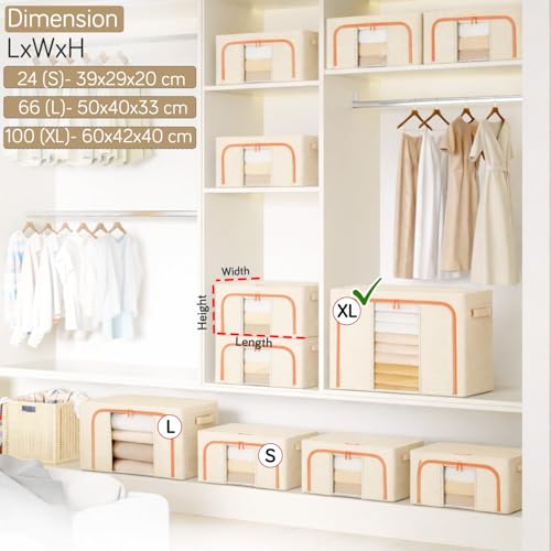 Image of HOKIPO 100L Wardrobe Organiser for Storage for Clothes, Extra Large Foldable Storage Box, Sand Beige Pack of 1 (AR-6674-BGE)