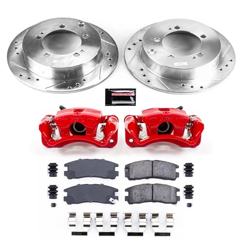 Image of PowerStop Rear Brake Kit for Chrysler Sebring 1995-05 |Dodge Avenger 1995-00 |Stratus 2001-05 - Carbon-Fiber Ceramic Brake Pads + Drilled & Slotted Rotors + Red Powder Coated Calipers, KC1203