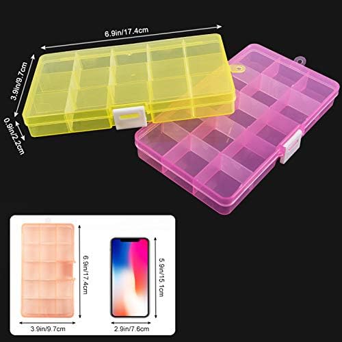 SGHUO 18 Pack Plastic Jewelry Organizer Box, 15 Little Grids Plastic Storage Boxes with Removable Dividers for Art and Crafts, 6 Colors, 6.9" x 3.9" x 0.9"