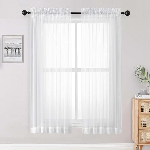 Image of OWENIE White Sheer Curtains 68 Inch Length 2 Panels Set for Bedroom Living Room, Light Filtering Voile Sheer Curtains, Airy Rod Pocket Farmhouse Curtain, White, Each 42Wx68L inch