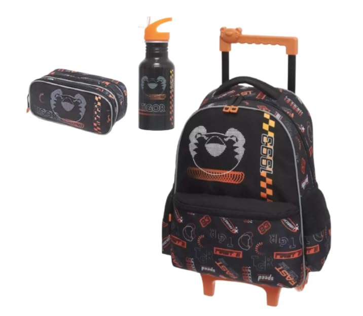 KIT ESCOLAR TIGOR T.TIGRE FAST: BOLSA CARRINHO COM ALÇA, LANCHEIRA, ESTOJO DUPLO E GARRAFA 100% ORIGINAL
