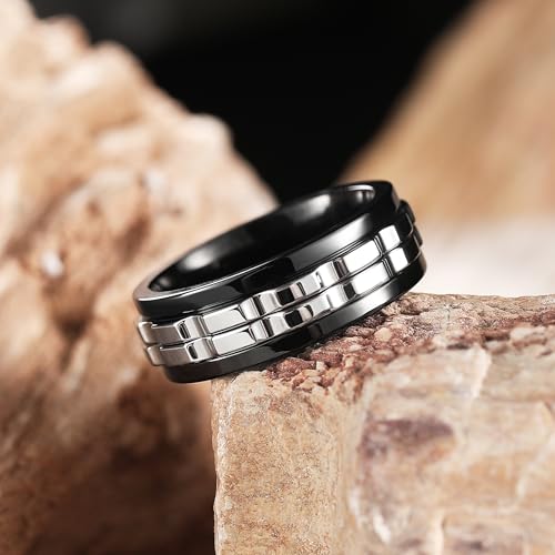 King Will Stainless Steel Men Black Silver Gear Spinner Rings, Fidget 2 Silver Gear Fidget Spin Ring, Stainless Steel Anxiety Ring For Men Women Stress Free Cool Wedding Band Comfort Fit Size 12 by King Will - Used condition - Image 3