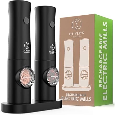 Oliver's Kitchen ® Electric Salt and Pepper Grinders - No Batteries Required with Rechargeable USB-C Dock - Easy 1-Touch Operation - Adjustable Coarseness with Light - Easy to Fill, Large Capacity Cover