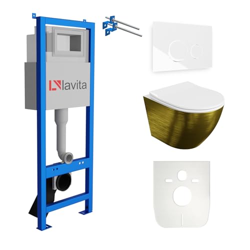 Lavita LAV 101 Élément mural pour WC 40 cm + évier mural suspendu Sofi Slim or brossé sans bord + panneau de commande LAV 200.4.1 blanc | Kit complet | Réservoir de chasse encastré | WC complet