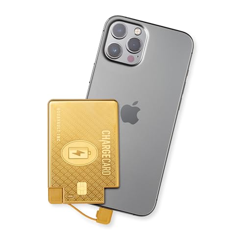 AquaVault ChargeCard – Ultra Slim Emergency Power Bank (2300mAh) – Fits in Wallet – USB-C & Micro-USB – Durable Steel Body – Flight-Safe for iPhone 12-17 & Android - Gold