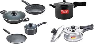 Prestige Omega Granite, 4-pcs&Prestige Deluxe Alpha Svachh Outer Lid Pressure Cooker 1.5L with Glass Lid &Prestige Svachh 5ltr Pressure Cooker with Hard Anodized Body