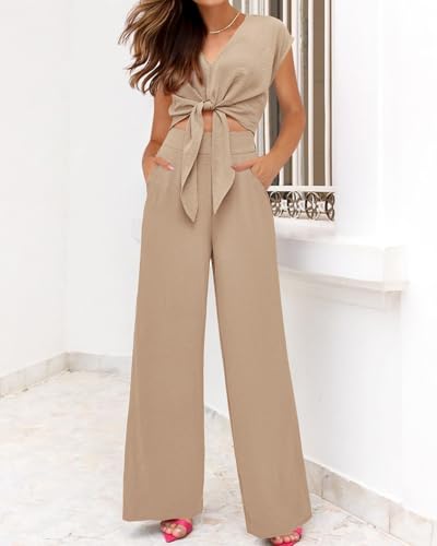 PRETTYGARDEN Women's Summer 2 Piece Outfits 2026 Cap Sleeve V Neck Belted Crop Tops Wide Leg Pant Sets Casual Tracksuit(Solid Khaki,XX-Large) — view 6