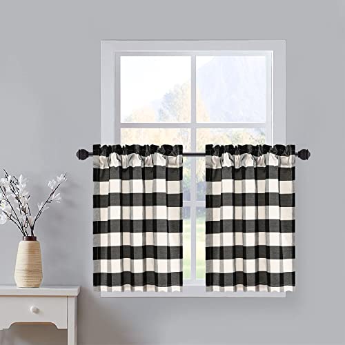 VOGOL Tier Curtains for Kitchen Window, Plaid Gingham Yarn Dyed Half Window Kitchen Cafe Curtains, 2 Panels, 30" x 24", Black/White