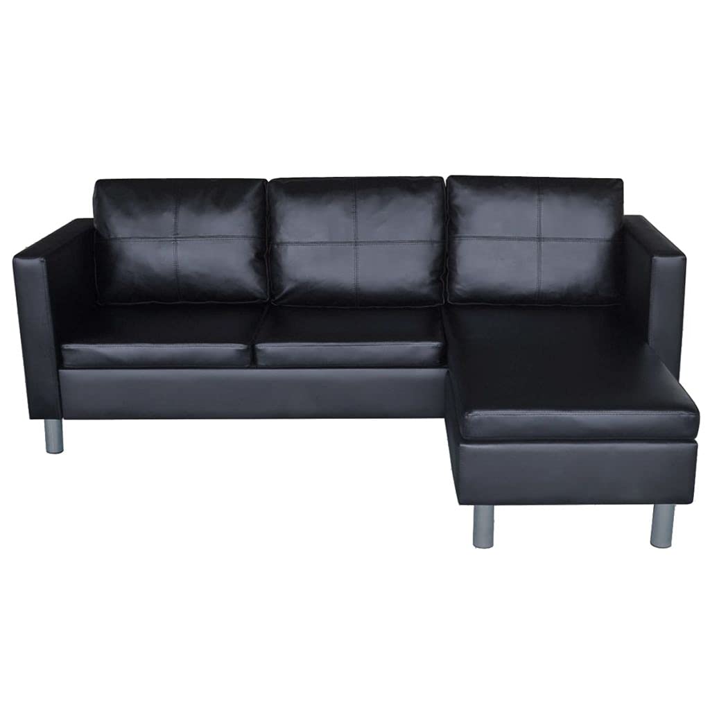 Sofá en forma de L de 3 plazas, sofá de salón, sofá acolchado, para salón, dormitorio, oficina, apartamento, centro de entretenimiento familiar, sofá de montaje, piel sintética, color negro