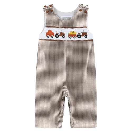 Brown Gingham Pumpkin and Corn Tractor Smocked Overalls2