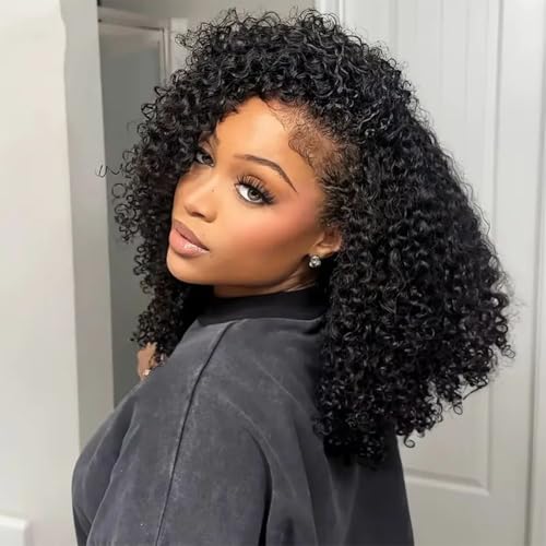18 inch Curly Half Wig Human Hair for Black Women,Kinky