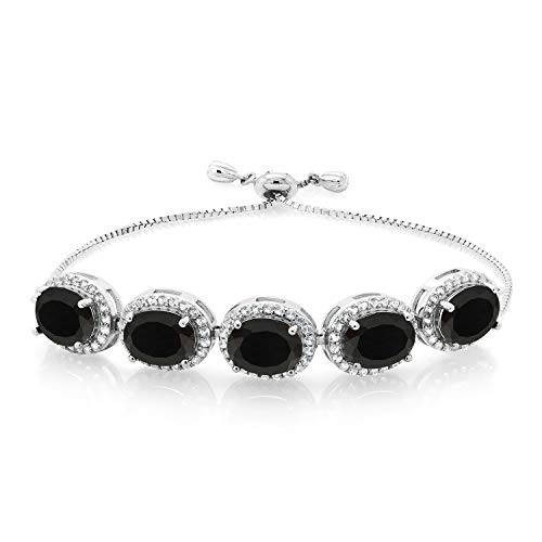 Gem Stone King 925 Sterling Silver Black Onyx Adjustable Tennis Bracelet For Women (11.05 Cttw, Gemstone Birthstone, Oval 9X7MM)