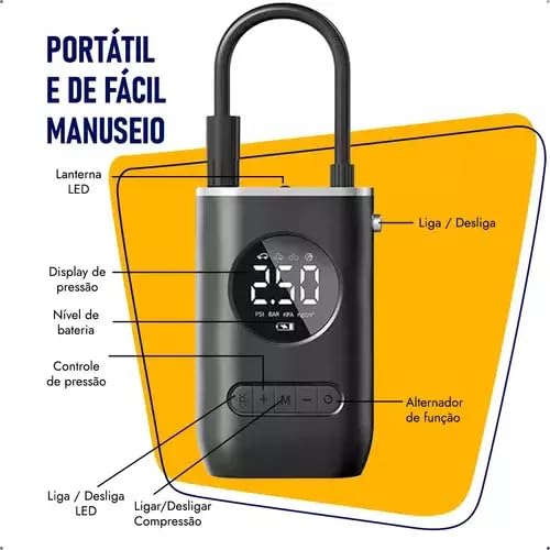 Mini Compressor de Ar Portatil Recarregavél Digital USB Calibrador Pneu