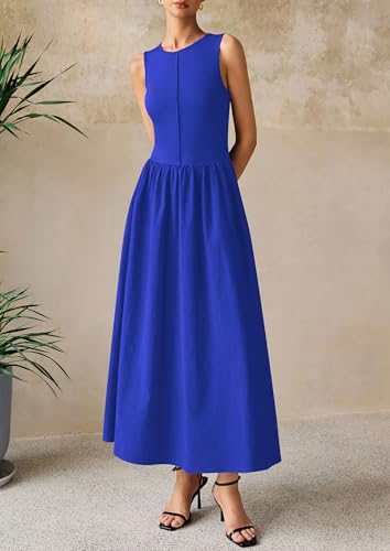 Image of PRETTYGARDEN Maxi Dresses for Women 2026 Summer Casual Sleeveless Patchwork Flowy Vacation Sundress Knit Long Work Tank Dress