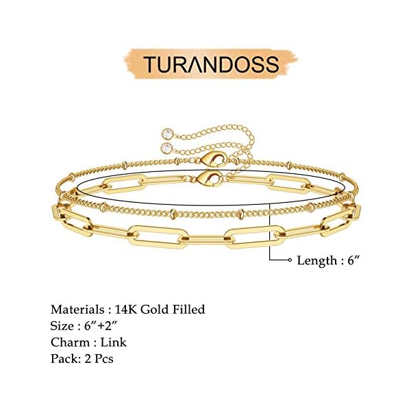 Turandoss Gold Bracelets for Women, 14K Filled Layering Oval Chain Bracelet Cute Layered Beads Women Jewelry(Oval & Chain)