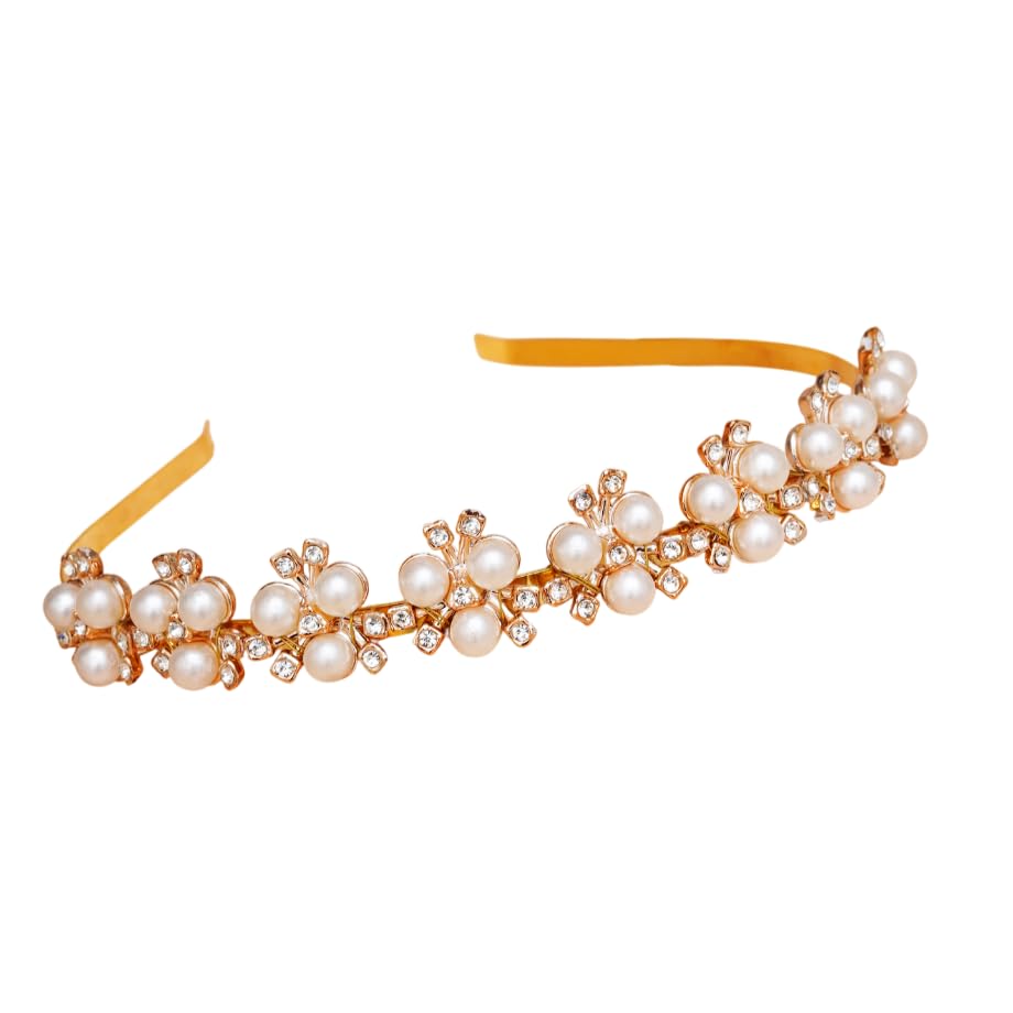 Designer Sparkling Pearl Gold-Plated Celebrity Wedding Party Headband Hair Accessories Hairband Mathapatti Jewellery for Women and Girls