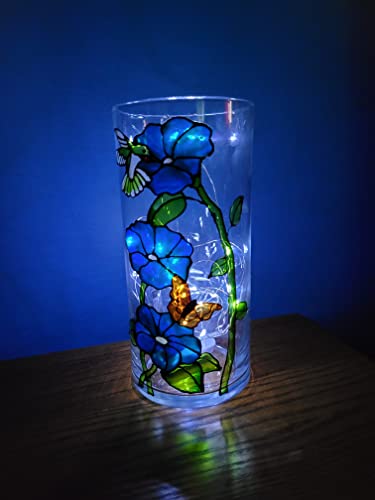 Hummingbird Butterfly Flower Hand Painted Stained Glass 7 Inch Cylinder Vase