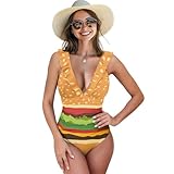 TOADDITDO Hamburger Pattern Women Double Ruffled Back Tie Bathing Suit Vacations Push Up Monokini Soft One Piece Swimsuit