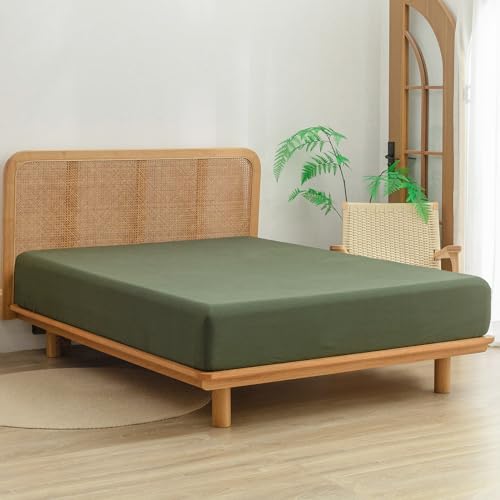 BESTOUCH Fitted Sheet Only 100% Washed Cotton Linen Feel Easily Fits Deep Pockets up to 17 inch Solid Olive Green Queen