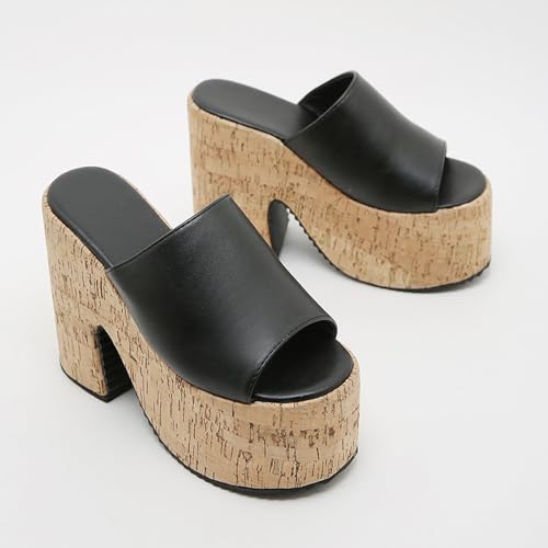 Women's Leather Round Open Toe Platform Chunky Heel Slide Sandals Fashion Black Anti-Slip Slip On Super High Heel Summer Sandals Beach Outdoor Casual Slipper4