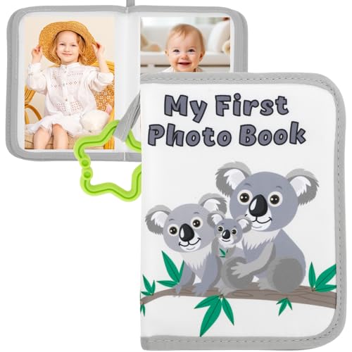 Álbum de fotos de bebé de tela suave, álbum de memoria para bebés con espejo, libro de memoria familiar para niños, recién nacidos (gris)