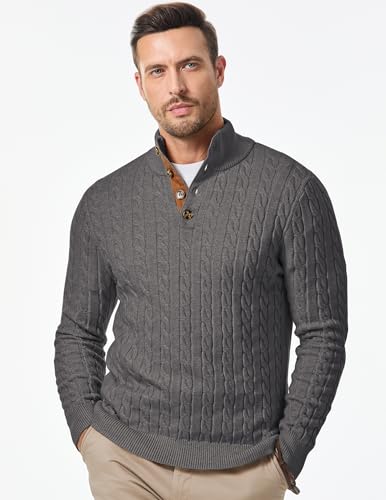 Image of JMIERR Men's Cable Knit Pullover Sweater Casual Long Sleeve Stand Collar Button Knitted Sweaters
