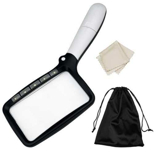 Tekenewbse Loupe avec lumière, 3 x pliable rectangulaire loupe de lecture avec 5 LED éclairées avec 2 modes pour personnes âgées, enfants, travaux manuels, horlogers, journaux, bijoux