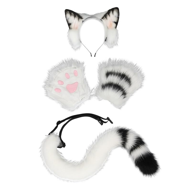 Juego de sombreros de cola de zorro sintético, diademas falsas de cola de gato, tocado de gato, guantes de pata, accesorios para disfraz de cosplay, 3pcs Set, M