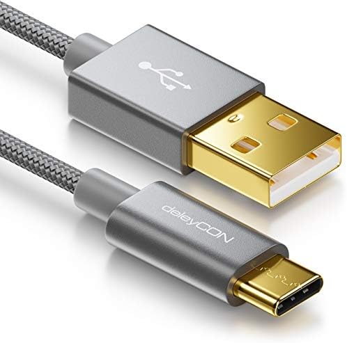 deleyCON 1m Kabel USB-C - Kabel do Ładowania Kabel do Transmisji Danych - Nylon + Metalowa Wtyczka - USB C na USB A - Kompatybilny z Apple Samsung Google Huawei Xiaomi Tablet Laptop PC - Czarny