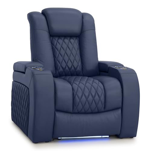 Image of Seatcraft Diamante Navy Blue Italian Leather Home Theater Seating, Zero Gravity Power Recliner, Gaming and Home Office Chair, Powered Headrest Furniture for Family Cinema Room, Single Recliner