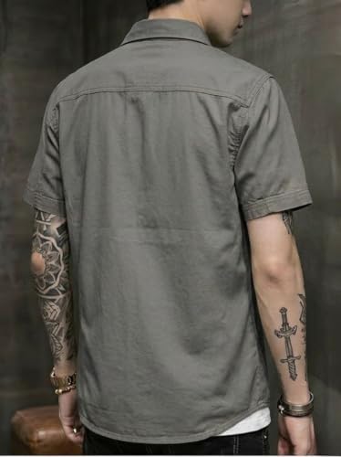 Image of SMOWKLY Men's Casual Solid Printed Cotton Regular Fit Shirt || Half Sleeve, Button Down, Double Front Pocket || Denim Jacket Style Fashionable Western Outfit