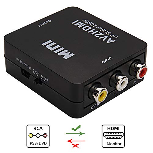 Yizhet RCA a HDMI, AV a HDMI Convertidor de Video Soporte 1080P con Cable de Alimentación USB para PC/Laptop/Xbox/PS4/PS3/TV/STB/VCR/Cámara/DVD(Negro)