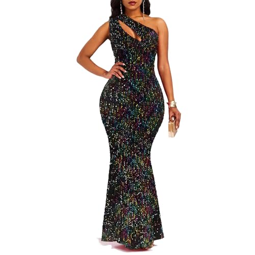 VERWIN Sequins Fashion Sleeveless Oblique Collar Mermaid Women's Maxi Dress Bodycon Dress Party Dress M Multicolor