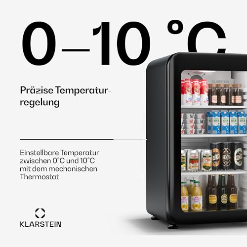 Klarstein Audrey Evo Getränkekühlschrank Mit Glastür - 93L Mini Kühlschrank, Retro-Design, LED-Beleuchtung, Doppelt Verglaste Tür, 0-10 °C, Energieklasse C, Schwarz