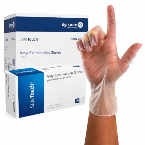 Dynarex 2613 Safe-Touch Vinyl Disposable Exam Gloves, Powder-Free, Large