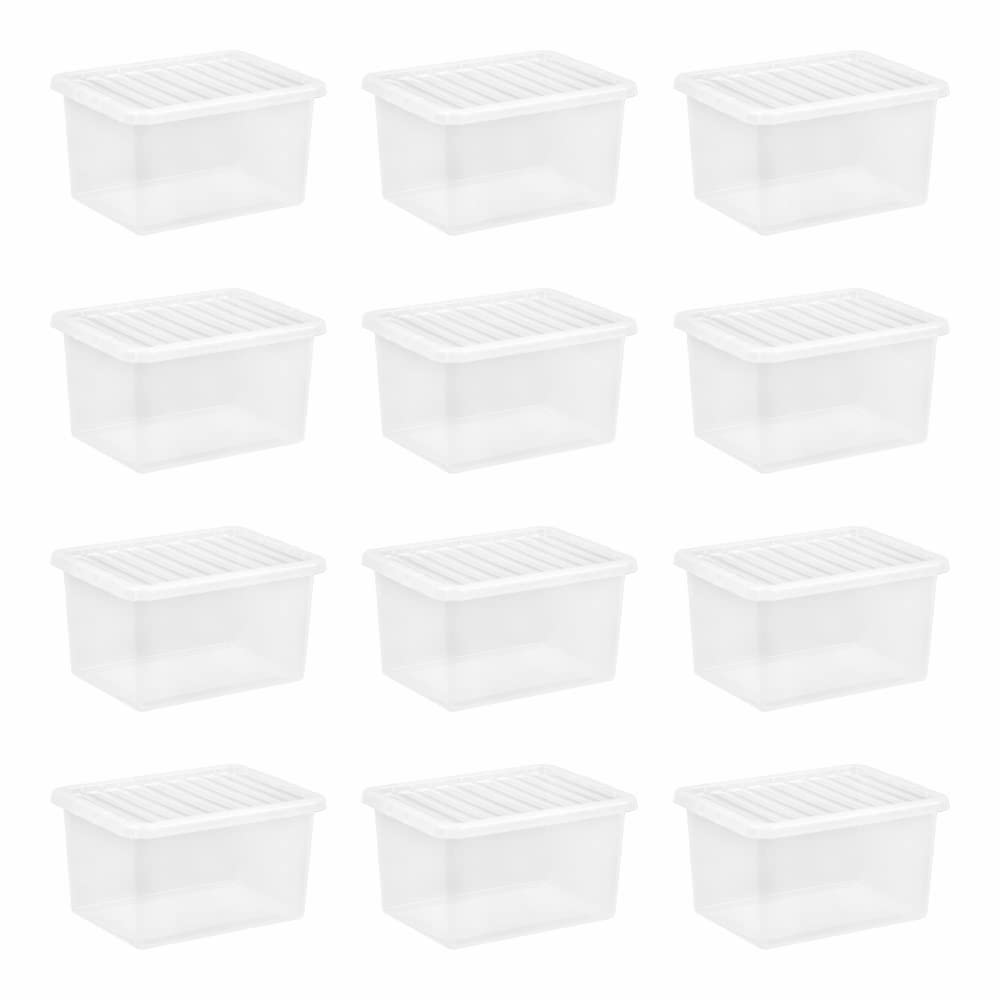 Jms We Create Smile Transparent (Set Of 12) 24L Litre Crystal Clear Plastic Large Storage Boxes With Lids Storage Containers Stackable Boxes Shoes Toys Garage Office Home & Kitchen