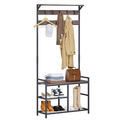 HOMEKOKO Coat Rack Shoe Bench, Hall Tree Entryway Bench with Storage, Wood Look Accent Furniture with Metal Frame, 3-in-1 Design (Dark Brown) Cover