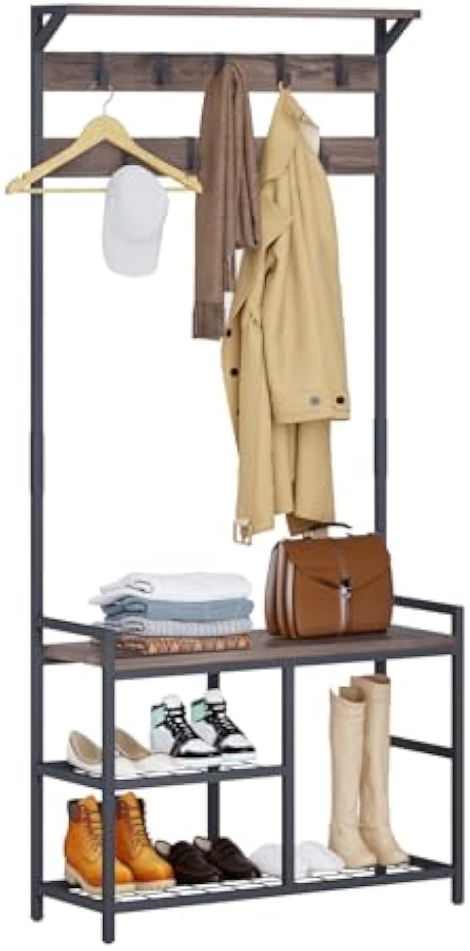 HOMEKOKO Coat Rack Shoe Bench, Hall Tree Entryway Bench with Storage, Wood Look Accent Furniture with Metal Frame, 3-in-1 Design (Dark Brown)