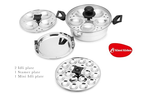 Image of KLASSI KICHEN Stainless Steel Multi Steamer Pot with Glass Lid | Idli Maker with 4 Plates (9 Idlis Each) & Mini Idli Plate | 1.5L Steamer | Gas Stove & Induction Compatible Dhokla & Vegetable Steamer