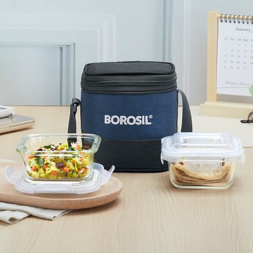 Image of Borosil Elite Lunchbox | 320ml x 2 Square Container Set | Made in India Borosilicate Glass | Microwave & Dishwasher Safe, Leakproof | Tiffin for Office /School /College | Vertical