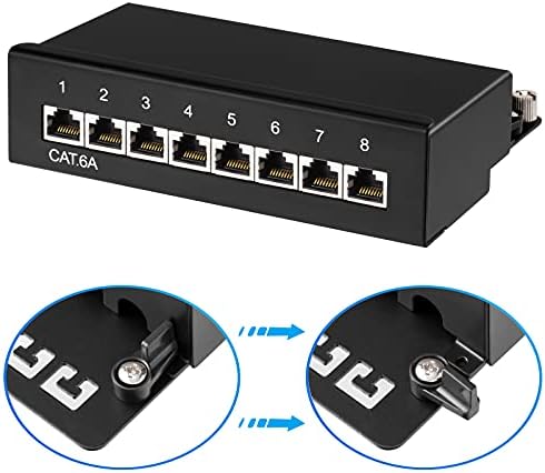 HB-DIGITAL 8-Port Cat 6a LSA Patch Panel, shielded, black distribution panel Cat.6a (500 MHz) Desktop (table) & wall mounting 8X RJ45 socket Professional, TIA568A or TIA568B grounding cable