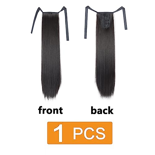prinfantasy Ponytail Extension 22 Inch Wrap Around Long Straight Pre Stretched Hair Extensions Strap High Heat Synthetic Hairpiece for Women Black Brown,GBMW033 - Image 2