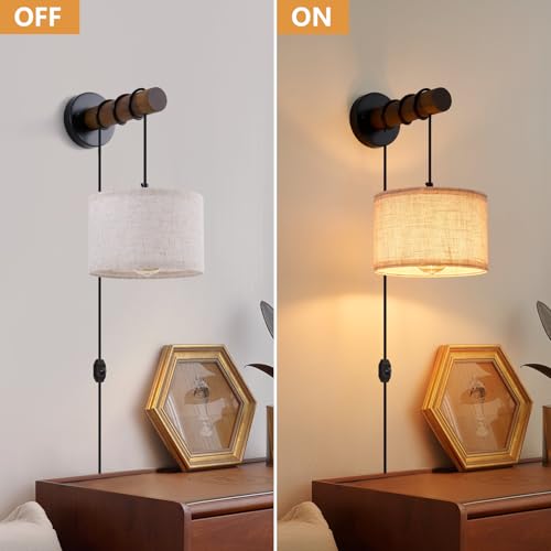 Image of XSDeTu Plug in Wall Sconces Set of 2, Farmhouse Wall Lamp with 5.9FT Plug in Cord, Dimmable Hanging Wall Lighting with Fabric Shade, Adjustable Wall Mount Lights for Bedroom Living Room, Wooden Arm