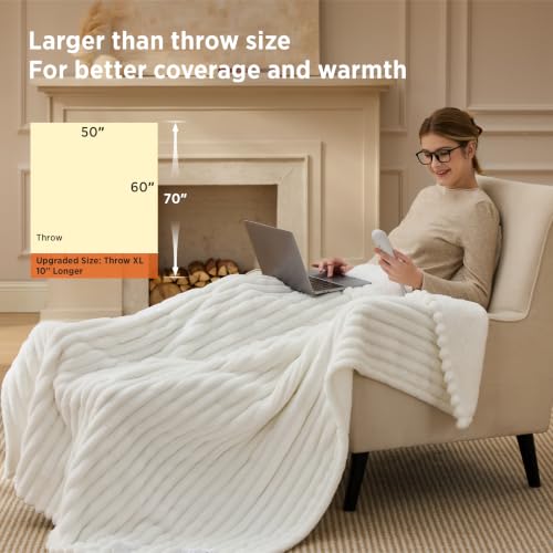 Image of Bedsure Heated Blanket Electric Throw XL - Thick Striped Fast Heating Electric Blanket with Preheat Function, 6 Heat & 6 Timer (Up to 10H), 8H Auto Off, ETL Certified, Gifts for Mom (50 inchx70 inch, White)